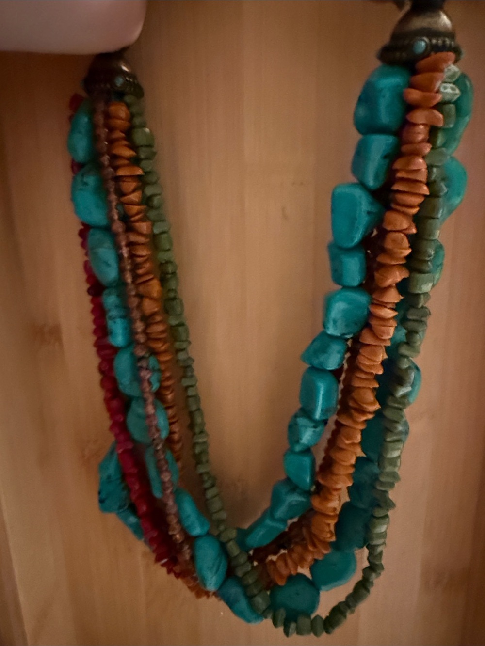 Turquoise Multi-Strand Chip Necklace - Turquoise, Brown, Olive, Red